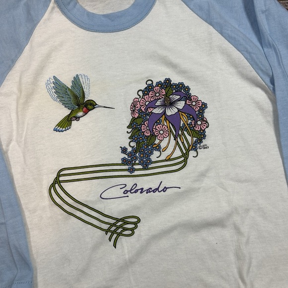 Vintage Colorado Shirt Women's M White Flower Humming Bird 80s 3/4 Sleeve USA‎ - Picture 3 of 6